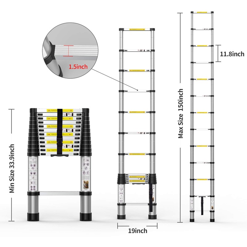 Telescoping Extension Ladder 12.5FT, Aluminum Telescopic Ladders with Carry Bag