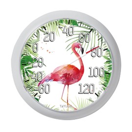Taylor Flamingo Indoor Outdoor Dial Thermometer, Wireless Thermometer with Easy to Read Wall Decor for Patio, Pool, Yard, Garden or Garage, 8.5 Inch, White Bezel