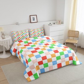 Geometric Plaids Patchwork Kids Comforter Set Twin Size,Abstract Checkerboard Artwork Bedding Set,Boys Girls Room Decor,Checkered Latticed Chic Down Comforter,Colorful Duvet Insert,1 Pillowcase