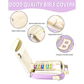 PLOZANO Bible Cover Case for Women, Large Chenille Letter Bible Bag with Shoulder Strap,Purple Bible Carrying Tote Bags for Bible Study Accessories, for Women Lady Teen Grils (Purple)