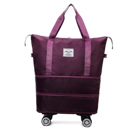 Radefasun Travel Tote Bags with Trolley Sleeve Expandable Extra Waterproof Oxford Duffel Bag with Wheels (Purplish Red, Detachable Wheels)