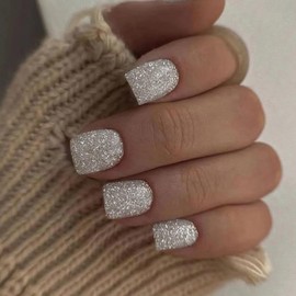 Ceboic Press on Nails Short Square, Pack of 24 French Silver Shiny Artificial Nails, Ballerina Nails for Sticking, Acrylic Fingernails, Fake Nails for Women and Girls, Nail Art, Manicure Decoration