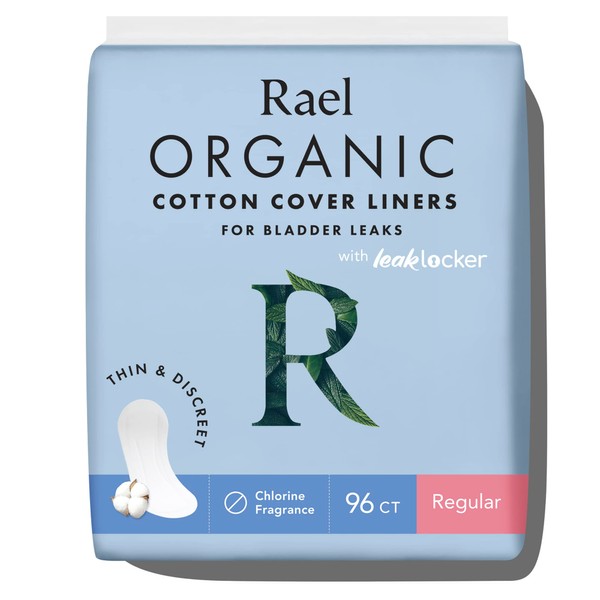 Rael Incontinence Liners for Women, Organic Cotton Cover - Postpartum Essential, Regular Absorbency, Bladder Leak Control, 4 Layer Core with Leak Guard Technology, (Regular, 96 Count)