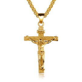 Rockyu Gold Cross Necklace for Men Stainless Steel 22 Inch Chain INRI Crucifix Pendant Catholic Jesus Crucifixion Religious Jewelry Gift