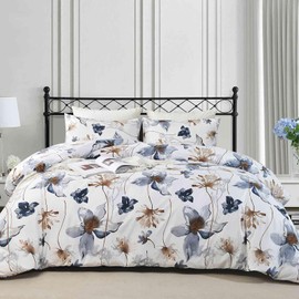 Nanko Blue Floral Duvet Cover Set Queen Size, Beige Tan Flower Leaf Print Pattern, Soft Microfiber Reversible Comforter Bedding Cover with Zip Ties - Spring Farmhouse for Women Men, 3 Pcs 90 x 90