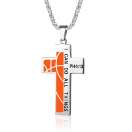 Susook Basketball Cross Necklace for Men Bible Verse I CAN DO All Things Stainless Steel Sport Pendant for Men(Silver)