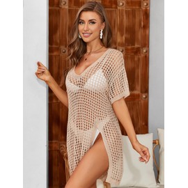 SOCIALA Women's Short Sleeve Crochet Top Side Split Hollow Out Mesh Bathing Suit Cover Ups Dress Swimwear S-XL, Navy, Large