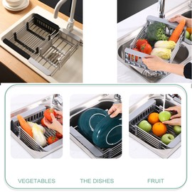 GULICA Dish Drying Rack, Adjustable Stainless Steel Drainer Basket Drain Tray for Dish Vegetable Fruit, 18.2" x 8.9", On Counter Dish Rack or in Sink Over Sink Kitchen Basket Grey