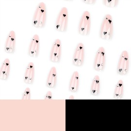 Tyuimhx Black Heart Press on Nails Medium Almond Fake Nails Nude False Nails With Rhinestones Designs Full Cover Stick on Nails Acrylic Artificial Nails for Women Girls Glue on Nails 24Pcs
