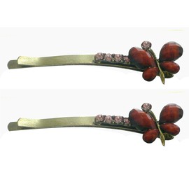 Pair of Butterfly Hairpins with Colorful Beads and Sparkly Rhinestones P86375-1pairBrown