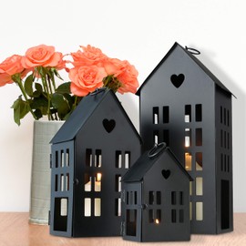 Main Street Town House Candle Lanterns, Set of 3, Vintage Style, Heart Details, Rustic Black, Metal, Corrugated Gabled Roof-Tops, 13.75, 9.5, and 5 Inches Tall