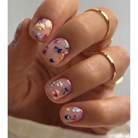 Morily Press on Nails Short Square - Deep Nude Fake Nails with Colorful Flowers Designs, 24 Pcs Reusable False Nails Press Ons Glossy Acrylic Full Cover Stick on Nails for Women
