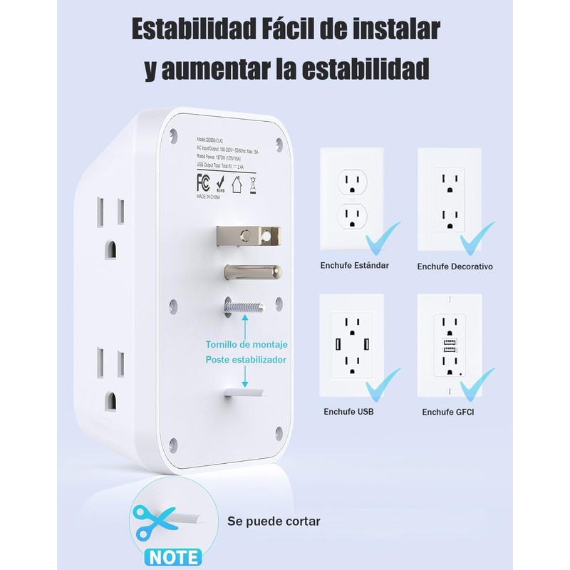 OIOSEN Enchufe múltiples de Pared, Extensor de Enchufe de 6
