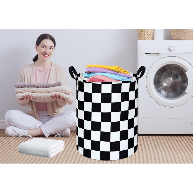 19.7 Inch Round Laundry Hamper Black Check Laundry Basket Fabric