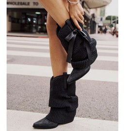 HoanTiai Knitted Cowboy Boots for Women Fold Over Short Cowgirl Boot Slouch Western Mid Calf Booties Pull On Chunky Heels Country Concert Trendy Dressy Shoes