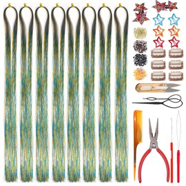 CelineBella Colorful Hair Tinsel Extensions Kit,Gold Silver Blue Ombre Effect,3-Tones Gradient Fairy Hair,Galaxy Pattern Tinsel Hair for Kids Girls(Boxed)