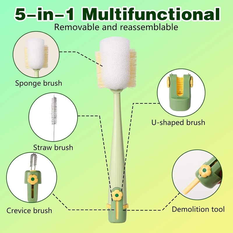 5-in-1 Bottle Cleaning Brush Set, Multifunctional Kitchen Lid Scrubber with