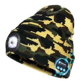 Wmcaps Bluetooth Beanie with a Light, Unisex USB Rechargeable 4 LED Fashlight Hat with Cordless Headphones, Unique Christmas Birthday Gifts for Men Him Husband Teen Camouflage Green