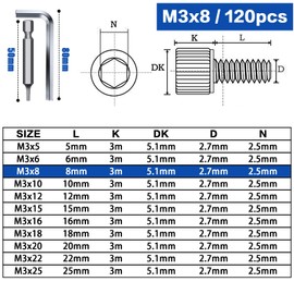 TXXATX Pack of 120 Screws M3 x 8 mm Cylinder Head Screws DIN 912 Stainless Steel A2 V2A Hexagonal Screws Cylinder Screws with Hexagon Socket Full Thread Allen Screws for Mechanical Furniture Repair