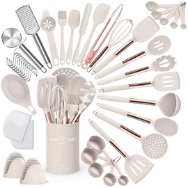 Umite Chef Silicone Kitchen Cooking Utensil Set, 43 pcs Spatula Utensils Set with Rose Gold Stainless Steel Handle, Non-stick Heat Resistant - Best Cookware Set-(Khaki)