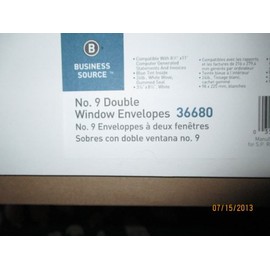 Business Source 36680 Double Window Envelopes,No. 9,3-7/8-Inch x8-7/8-Inch ,500/BX,White