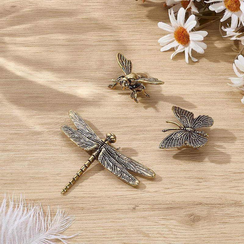 WEBEEDY 3 Styles Brass Butterfly Dragonfly Bee Figurines Gold Animal
