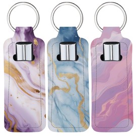 CRASPIRE Chapstick Holder Keychain Marbling Style Lip Balm Pouch Colorful Rectangle Neoprene Printed Rubber Lipstick Portable Pocket Gloss Case Sleeve for Women Holiday Travel Makeup Storage Bag