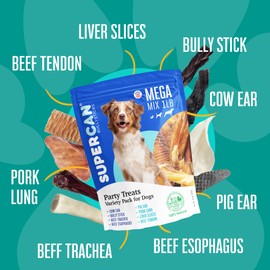 SUPERCAN BULLYSTICKS 1lb - Mega Mix Natural Dog Chews: Pig Ears, Cow Ears, Beef Lung, Liver, Trachea - Healthy Treats Small Medium Large Dogs- Long Lasting Bully - Gullet Sticks