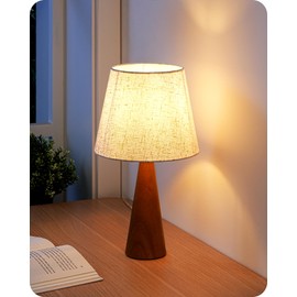 EDISHINE Small Table Lamp, Wooden Bedside Lamp with Beige Linen Lampshade, 13.58" Space-Saving Nightstand Lamp for Nursery Kids Room Bedroom Living Room, E26, ON-Off Button, Dark Rosewood Base