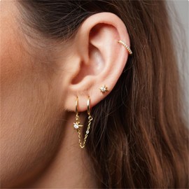 Star Tassel Chain Hoop Earrings for Women Dainty Cross Star Double Hoops Crystal CZ Galaxy Statement Birthday Anniversary Valentine's Mother's Day Hypoallergenic Lightweight Jewelry (Gold)