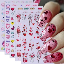 5Pcs Valentine's Day Nail Art Stickers Rose Heart Flower Nail Stickers 3D Self-Adhesive Love Heart Nail Decals Purple Pink Hollow Heart Nail Design Valentines Nail Supplies for Women Wedding Manicure