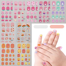 Colorful Nail Stickers for Kids, Self Adhesive Full Nail Wraps for Kids Girls Strips for Nail Decoration Fun Including Strawberry Flower Rainbow Star Designs for Age 8 and Older (9 Sheets)