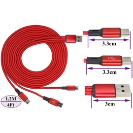AAOTOKK 2Pack/4Ft 3-in-1 USB A Male to 3Type C Male Jack Nylon Braided Cables,2A fast Charging,Compatible for Mobile/Android & More USB C interface Devices(Red-3 Type C)