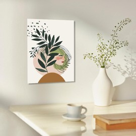 ALMLZL Sage Green Boho Wall Art Mid-Century Sun Leaf Canvas Prints Geometric Girl's Face Minimalist Line Art Pictures Modern Design Beige Farmhouse Wall Decor for Bedroom, Bathroom-16x24 inch