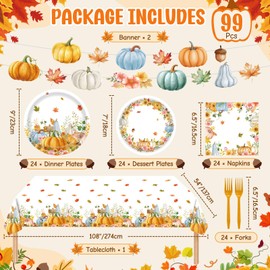 99 Pcs Fall Thanksgiving Plates and Napkins Party Supplies, Autumn Watercolor Pumpkin Leaves Disposable Tableware Set with Banner Tablecloth, Fall Decor Harvest Party Decorations for Table, Serves 24