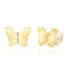 QUKE Butterfly Shape Yellow Crystal Clip On Earrings Gold Non Pierced Ears for Women Girls
