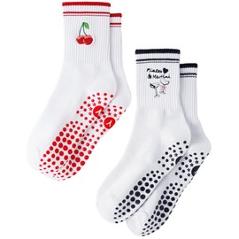 Pilates Stopper Socks for Women Yoga Non-Slip Grip Socks Cute Reformer Pilates Non-Slip Socks with Nubs for Ballet Barre Dance Trampoline Hospital Fitness Home, 2 Pack Cherry and Martini, One size