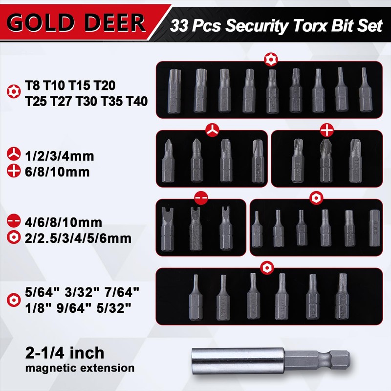 GOLD DEER 33PCS Security Torx Bit Set with Magnetic Extension
