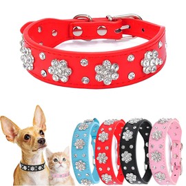 Bling Diamond Dog Collars For Small Dog, Sparkling Leather Pet Collar Girl Female Rhinestone Crystal Glitter for XSmall Small Medium Dogs (Red,S)