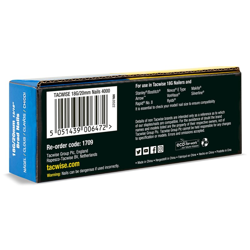 Tacwise 1709 Type Galvanised Brad Nails, Pack of 4,000,Silver,18G /