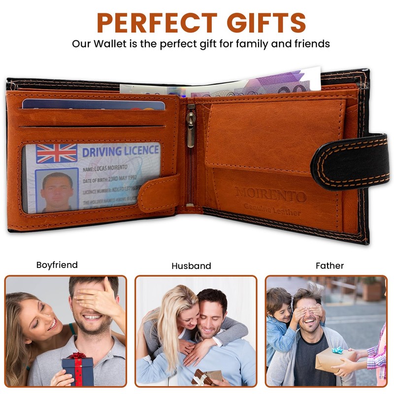 MOIRENTO Mens Black Wallet Orange Leather Trifold RFID Blocking Credit