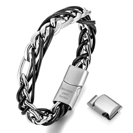 murtoo Mens Bracelet Leather and Steel, Stainless Steel Chain Bracelet with Braided Leather and Magnetic Clasp, Stylish Gift for Men Boys (Silver, Bright Black Leather, 8.5")