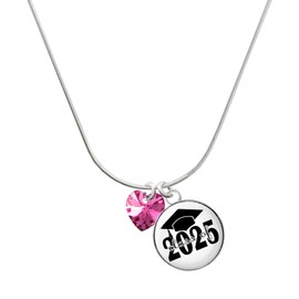 Delight Jewelry 10mm Hot Pink Crystal Heart Script Class of 2025 Dome Charm Necklace, 18"