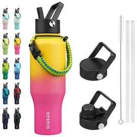 BJPKPK Insulated Water Bottles with Straw Lid, 35oz Metal Water Bottle with 2 lids & Paracord Strap, Double Wall Stainless Steel Vacuum Tumblers, Cups, Thermos for Hot& Cold Drinks, Pink & Yellow Rose
