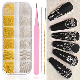 Haozher 5680pcs caviar beads for nails, nail caviar beads, nail jewelry nail beads for nail art, 12 grad silver and gold beads for nails, nail studs metal nail charms with nail tweezer