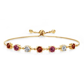 Gem Stone King 4.05 Ct Round Red Garnet Pink Tourmaline 18K Yellow Gold Plated Silver Lab Grown Diamond Tennis Bracelet For Women (Fully Adjustable Up to 9 Inch)