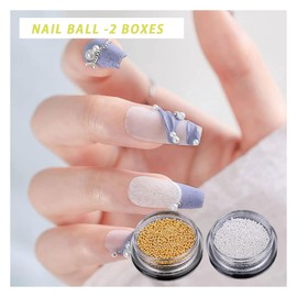 outret Nail Art Micro Mini Beads,2 Boxes of Nail Steel Balls,3D Nail Decoration Beads Nail Art (Gold,White)