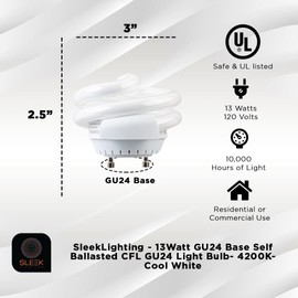 SLEEKLIGHTING 13Watt T2 Spiral CFL GU24 Base Puck Light Bulb -4200K 800 lm UL Approved,Compact Fluorescent - White Light 4pack