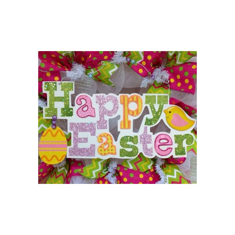 Glittering Happy Easter Wreath with Chick and Dangling Egg Deco