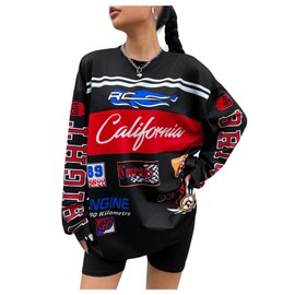 WDIRARA Women's Graphic Long Sleeve Jersey T Shirts Oversized Y2k Racing Print Streetwear Tee Tops Black X-Large